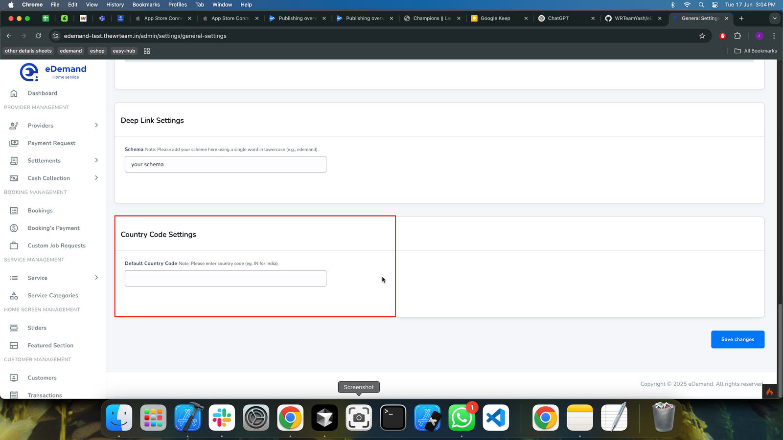 Admin Panel Country Code Settings