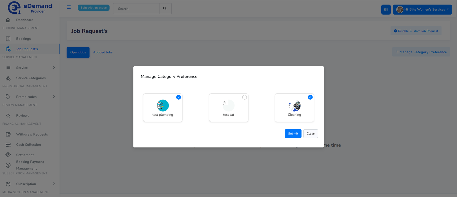 Manage Category Preference Panel