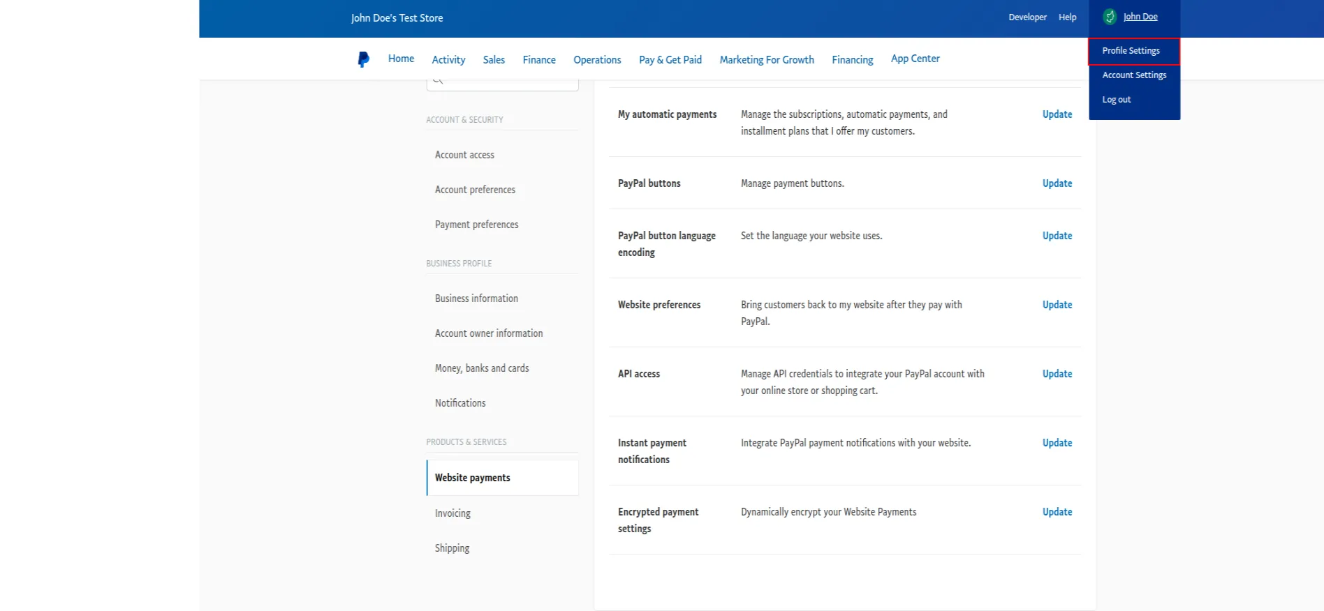 Paypal Profile Settings