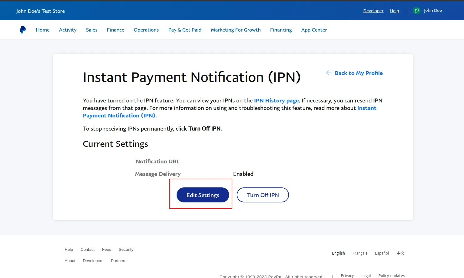 Paypal Edit Settings