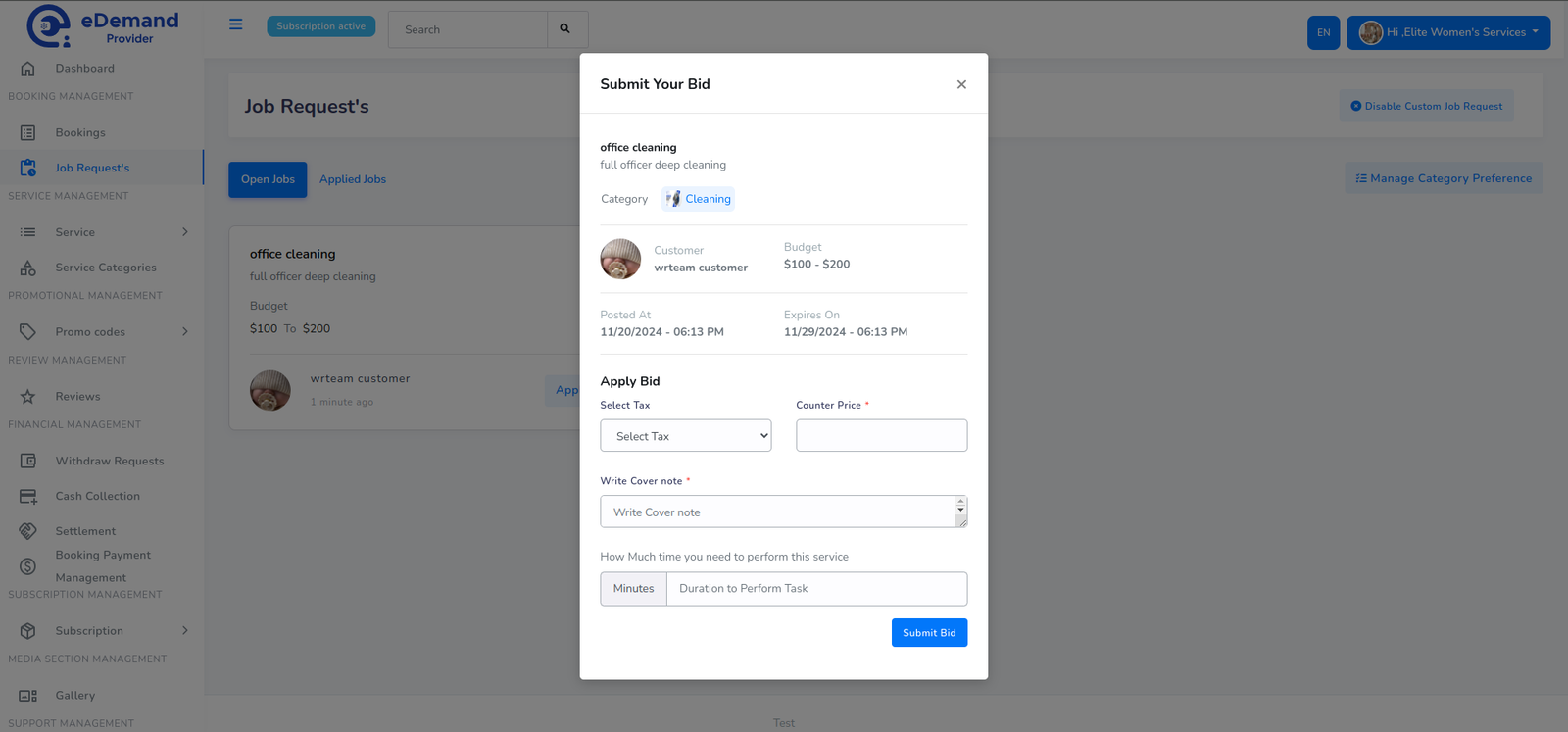 Submit Bid Provider Panel
